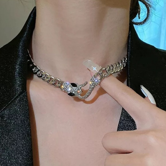 Silver Snake Hook Closure Zircon Choker - Picture 3 of 12